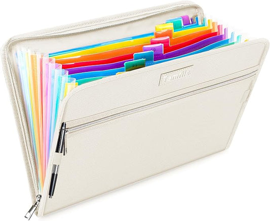 Fireproof Safe Waterproof Accordion File Bag Folder Expanding Filing Folder with 14 Multicolored Pockets, A4 Letter Size, Document Organizer Holder and Color Labels /2 Zipper (Beige 14.3" x 9.8")