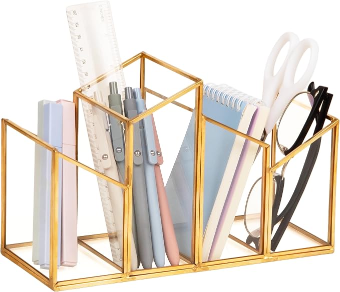 Mind Reader 4-Compartment Angled Glass Pen Holder with Copper Trim, Desktop Organizer for Office Supplies & Accessories, Glass and Copper, Clear