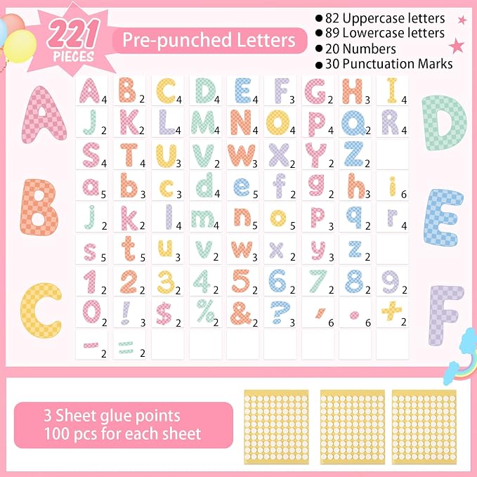 221 Pcs Checkered Bulletin Board Letters, Round Alphabet Number Punctuation Symbol Combo Letter Cutouts, Pastel Classroom Decor for Summer School Chalkboard Whiteboard Poster Wall