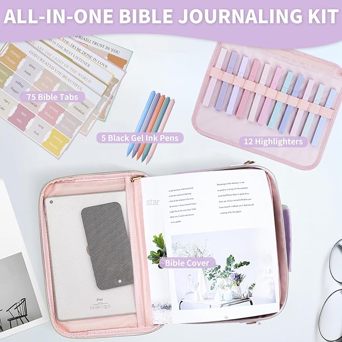 KOPKOFT Bible Cover Case for Women, Large Chenille Letter Leather Bible Case with Bible Study Accessories, Bible Study Supplies Bible Journaling Kit, Christmas Christian Gift for Women Girls (Purple)