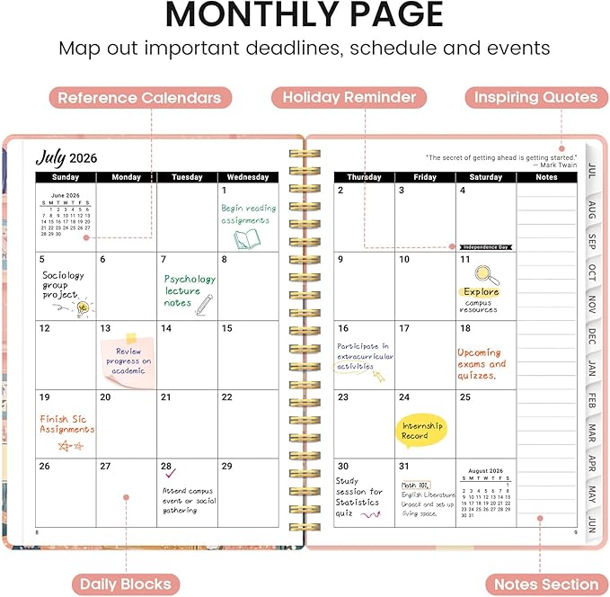 Planner 2026-2027, Academic Monthly and Weekly Calendar Planner for Women, July 2026 - June 2027, Hardcover Pretty Agenda Planner Book with Tabs, Spiral Daily Organizer for School Office Home Supplies, 6.3" x 8.5" - Bookish Kitty
