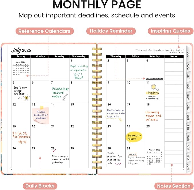Planner 2026-2027, Academic Monthly and Weekly Calendar Planner for Women, July 2026 - June 2027, Hardcover Pretty Agenda Planner Book with Tabs, Spiral Daily Organizer for School Office Home Supplies, 6.3" x 8.5" - Bookish Kitty