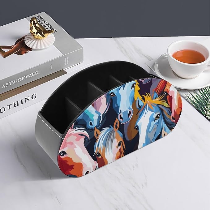 Colorful Cartoon Horses Remote Control Holder TV Remote Caddy with 5 Compartments PU Leather Storage Box Stylish Desk Organizer for TV/DVD/Accessories Desk Office Supplies Home