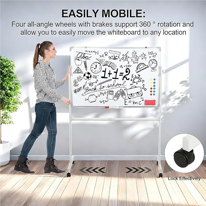 hatleues Magnetic Whiteboard with Stand- 36" x 24" Double-Sided Rolling White Board Mobile Dry Erase Board on Casters for Office, Classroom, Home & Presentations - Includes Marker & Eraser 60x90cm