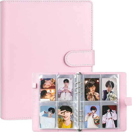 A5 Kpop Photocard Binder, 6 Ring Binder Album with 200 Card Slots, PU Leather Binder Cover with Magnetic Buckle Closure for Organizing Trading Cards - Pink