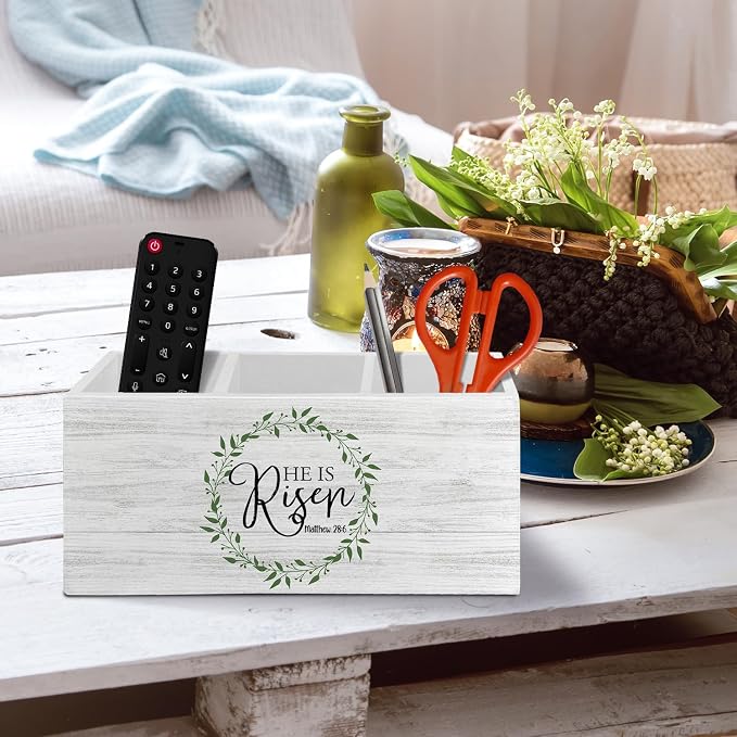 Easter Christian Pen Pencil Holder Organizer for Desk Accessories, He Is Risen Bible Verse Wooden Box Sign Desk Decor for Home Office Decoration, Religious Easter Decor