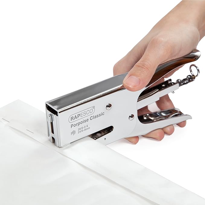 Rapesco 1298A Porpoise Classic Stapling Plier with 10.000 Staples, Type 26 Standard 5/16", 45 Sheet Capacity, Uses Type 26 Standard and Type 24 High-Capacity Staples, All Metal, Chrome