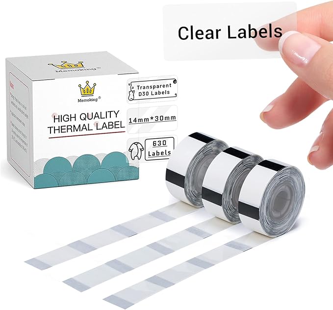 Label Maker Tape - D30 Transparent Clear Label, Waterproof Thermal Printer Tape, 14x30mm/0.55x1.18inch for Name Price Classification, Compatible with Memoking/Phomemo D30, 3 Rolls
