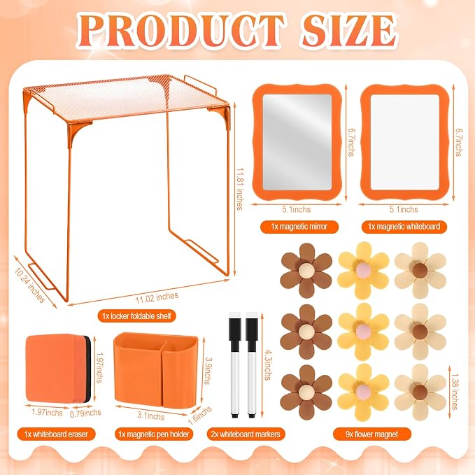 Colarr 16 Pcs Orange Locker Accessories for Girls Includes Magnetic Whiteboard & Mirror Locker Shelf Pen Holder 2 Dry Erase Marker & Eraser 9 Flowers for Back to School Essentials Decoration