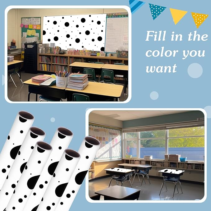 Skyygemm 6 Rolls Classroom Bulletin Board Paper Roll Polka Dot 4 x 12 ft Fade Resistant Colored Background Paper Bulk for Art Decor Drawing Craft(Vivid White)