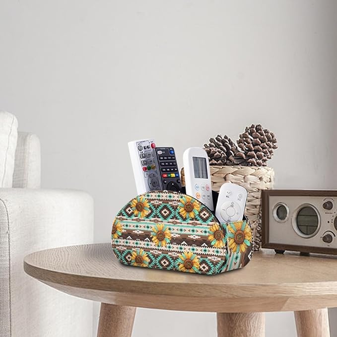 FUSURIRE Remote Control Holder Vintage Sunflower Aztec Geometry Print PU Leather Organizer Box with 5 Compartments for Home Office Supplies,Remote Caddy Desktop Storage for Controllers,Media Player