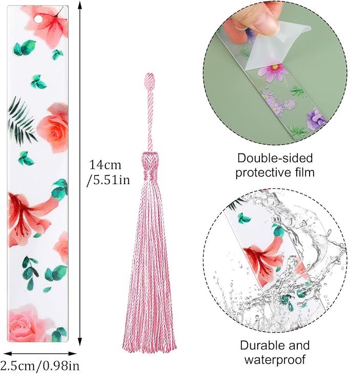10Pcs Flower Resin Bookmark Transparent Floral Bookmarks for Women Cute Bookmarks Flower Page Marker with Tassels, Gifts for Book Lovers, Women, Kids