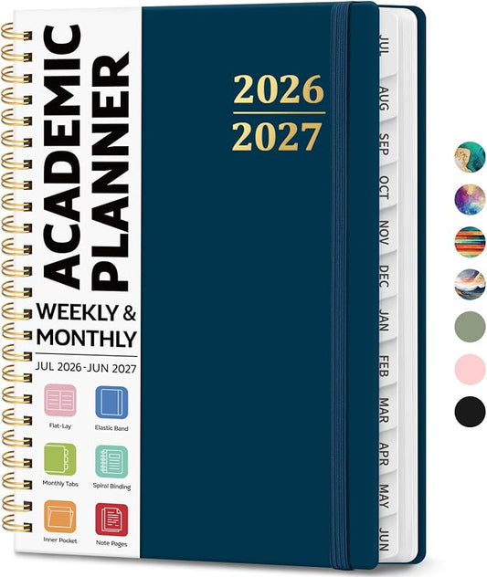 Academic Planner 2026-2027, Weekly and Monthly Calendar Planner Book, July 2026 – June 2027, Hardcover Organizer with Tabs, Perfect for Teachers, Students, Women & Men, A5 (6.4" x 8.5") - Navy