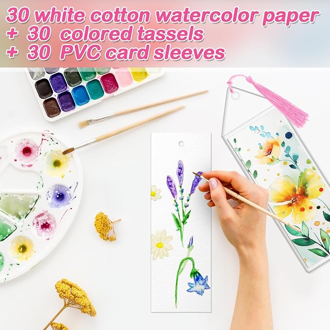 Marspark 91 Pcs Watercolor Paper Bookmarks Blank with Tassels and Sleeves Cotton White Cardstock to Paint Book Marks Craft with Hole for DIY Classroom Gifts Project Tags Bulk, 5.5 x 2 Inch