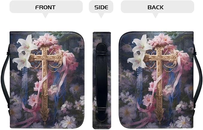Cross Flower Bible Covers for Women Large Size PU Leather Bible Carrying Case Multi-Purpose Bible Tote Bag with Handle Easy to Store