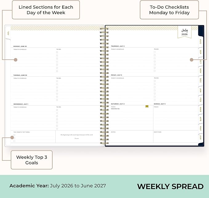 Blue Sky Day Designer 2026-2027 Weekly and Monthly Academic Year Planner Calendar, July 2026 - June 2027, 8.5" x 11", Clear Pocket Cover, Laminated Tabs, Storage Pocket, Includes Stickers, Peyton Navy