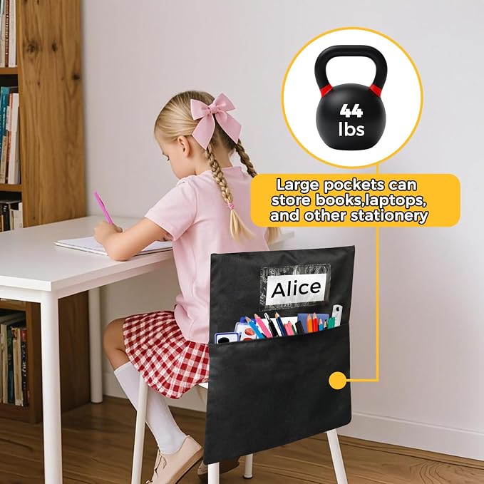 12 PCS Chair Pockets for Classrooms,19.5"x16.5" Seat Sacks for Classroom Chairs K-2, Classroom Student Chair Pockets for Kindergarten, Classroom,School, and Home Seating Storage，Black.