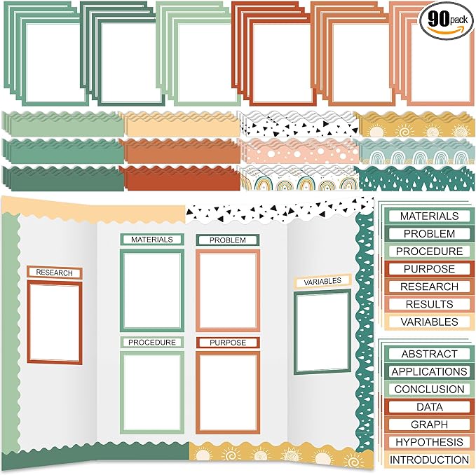 Fuyoooo 90 Pcs Science Fair Board Supplies 60 Trim Scalloped Bulletin Board Borders 24 Presentation Board Subtitles 6 Science Fair Titles for Classroom Display Boards(Geen Boho)
