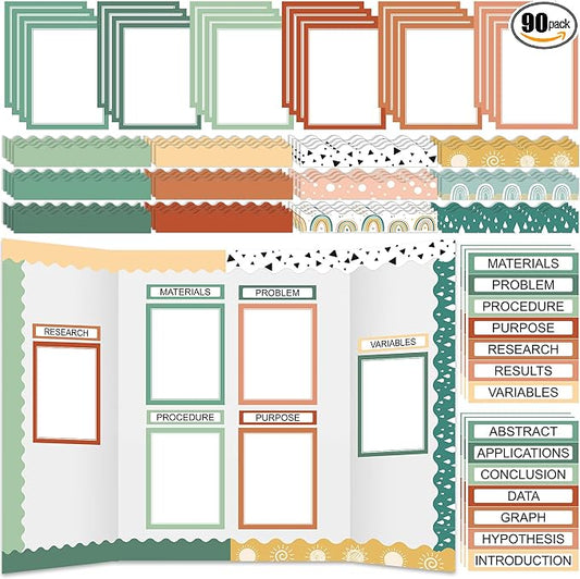Fuyoooo 90 Pcs Science Fair Board Supplies 60 Trim Scalloped Bulletin Board Borders 24 Presentation Board Subtitles 6 Science Fair Titles for Classroom Display Boards(Geen Boho)