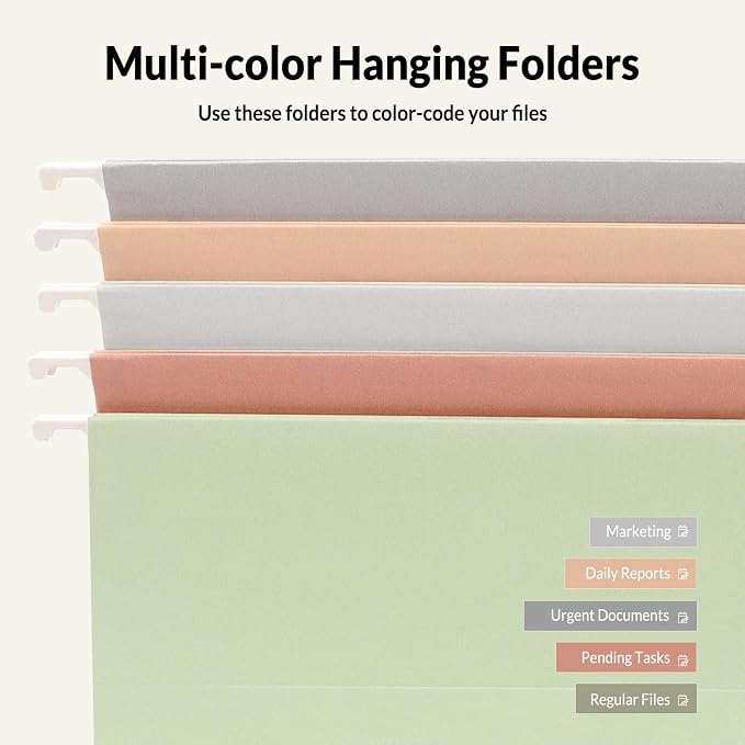 SUNEE Hanging File Folders, Pastel Colors - 75 Pack, Colored File Folders Letter Size with 1/5-Cut Tabs, Ideal for Organizing Home and Office Documents