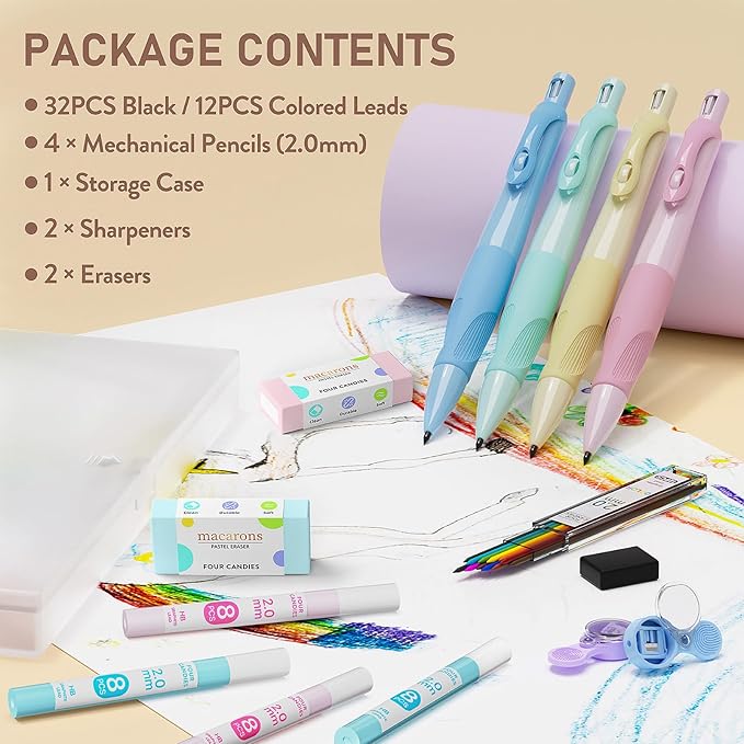 Four Candies 2.0MM Handwriting Pencils for Kids with Comfort Ergonomic Grip, 4PCS Cute Mechanical Pencils with 44PCS Lead Refills, 2PCS Sharpeners/Erasers, Aesthetic School Supplies for Kids Writing