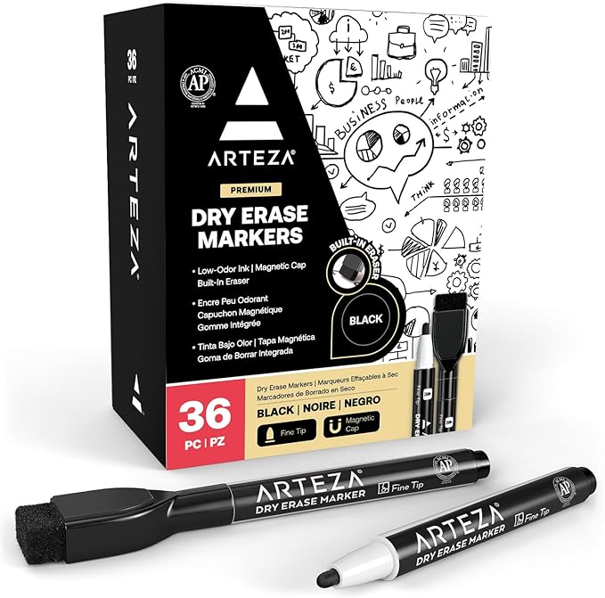 ARTEZA Black Dry Erase Markers with Erasers – Pack of 36 Magnetic Fine Tip Whiteboard Pens with Low-Odor Ink for Office & Home Use