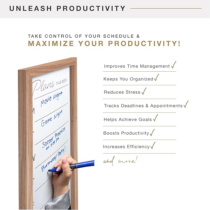 MCS Dry Erase Weekly Planner 11x24 Walnut Framed Calander Whiteboard for Wall, Plan Your Week with Family Weekly Planner for Dinners, Sports, Events & More