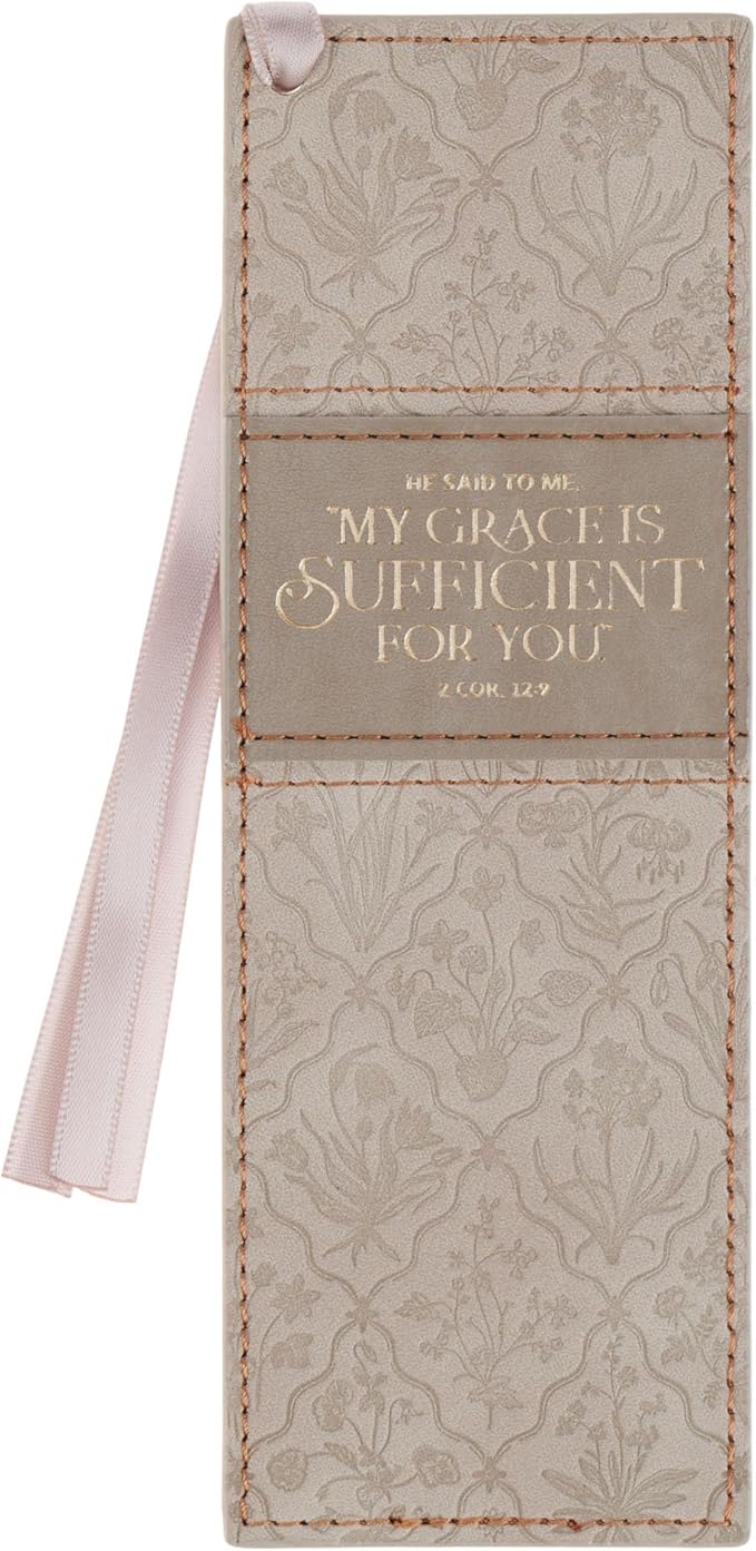 Christian Art Gifts Faux Leather Inspiring Bible Verse Bookmark for Women: My Grace is Sufficient Encouraging Scripture, Debossed Creamy Taupe Floral w/Gold, Satin Ribbon Markers for Saving Pages