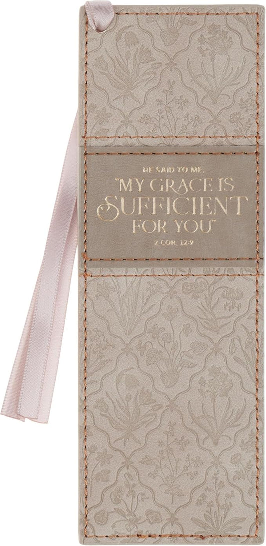Christian Art Gifts Faux Leather Inspiring Bible Verse Bookmark for Women: My Grace is Sufficient Encouraging Scripture, Debossed Creamy Taupe Floral w/Gold, Satin Ribbon Markers for Saving Pages
