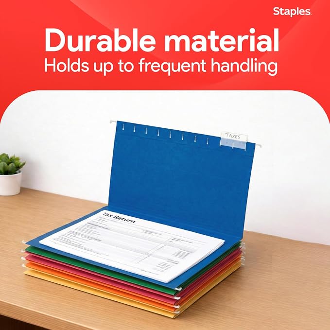 Staples Hanging File Folders, Letter Size, 1/5‑Cut Tabs, Assorted Colors, Adjustable Tabs with Paper Inserts – 25/Pack