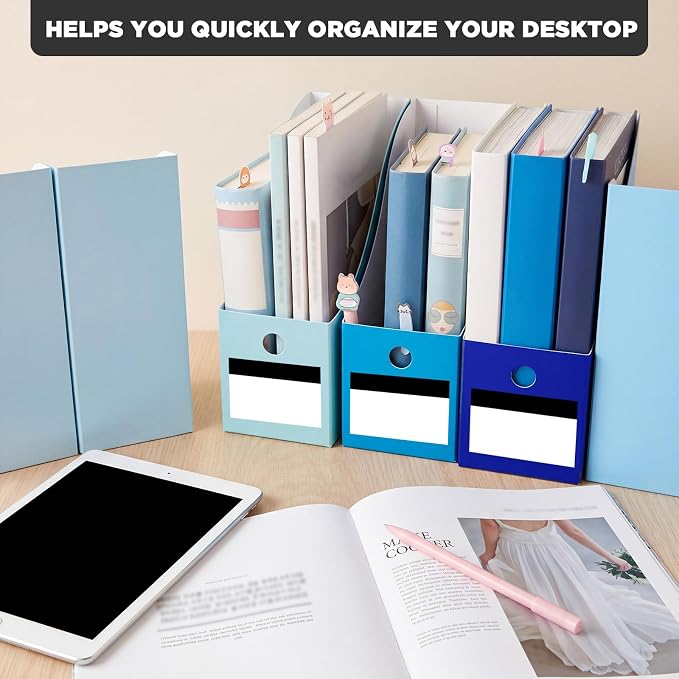 Jutom 48 Sets Magazine File Holders Foldable Cardboard Magazine Holder with White Label Stickers Desktop File Storage Box for Office Home Classroom Desk Document Organization(Blue)