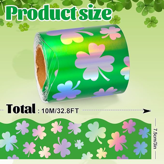 AnyDesign 32.8 Ft St. Patrick's Day Shamrock Bulletin Board Border Holographic Green Clover Scalloped Die Cut Border Trim Roll for Irish Party Home Classroom Wall Decoration