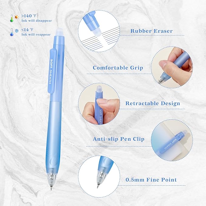 Temiary 8 PCS Retractable Erasable Pens (4 Black & 4 Blue), Heat Sensitive 0.5 mm Fine Point Erasable Gel Ink Pen, Eraser Pen for Journaling Crossword Puzzles School Office Supplies (Blue & Grey)