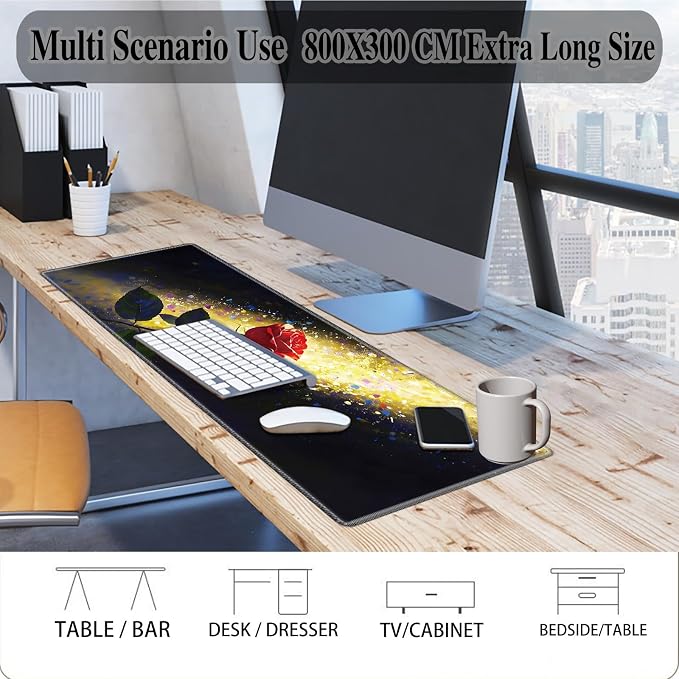 Mouse Pad Gaming Mousepad 31.5x11.8 Inch XXL Large + Coasters,Desk Mat with Stitched Edges, Non-Slip Rubber Base, Thick Mouse Pad for Computer, Laptop, Office & Home - Glitter Rose Flower