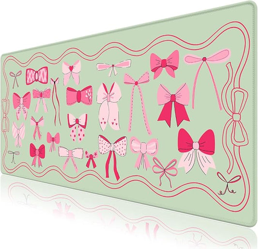 Desk Pad for Keyboard and Mouse, Large Mouse Pad for Desk, Non-Slip Keyboard Mat, Computer Mats for Desk, Desk Pad with Stitched Edges for Office, Gaming I Green Various Pink Bows