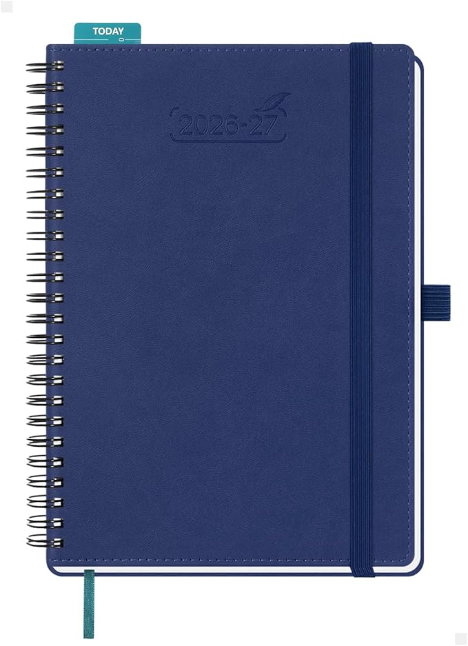 BEZEND Weekly Planner 2026-2027 (6" x 8.5") with Hourly Timeslots (Jul 26-Dec 27) 18 Months Academic Calendar & Monthly Tabs, for Students, Work & Home, Spiral PU Leather Softcover -Blueberry