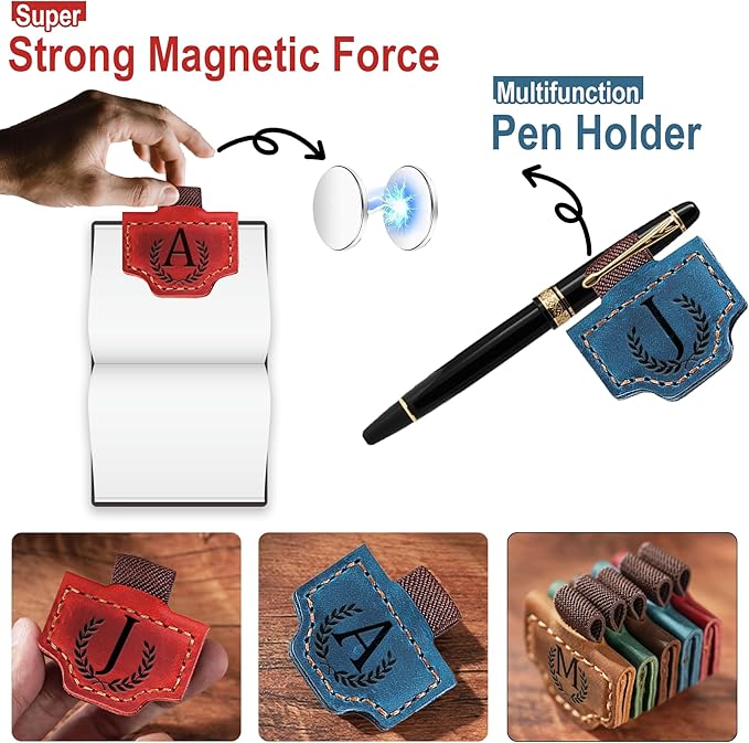 Personalized Leather Magnetic Bookmark with Pen Holder, Bookmark 26 Letters Name Initial Bookmarks for Readers, Book Lover Gifts for Women Men Notebook Accessories (Brown, C)