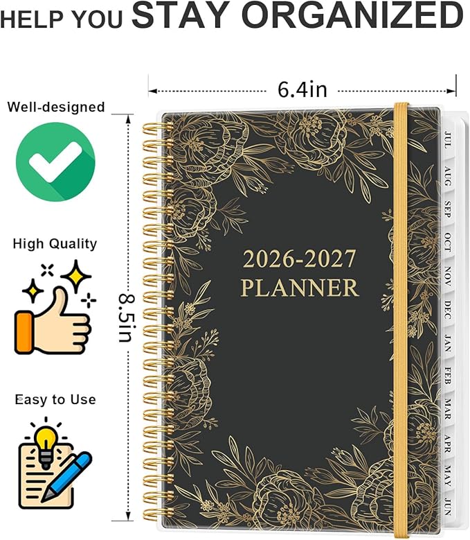 Academic Planner 2026-2027 - Weekly & Monthly Planner from July 2026 to June 2027, Agenda 2026 2027 with Inner Pocket, Elastic Band, 6.4" x 8.5", Gold Floral Black