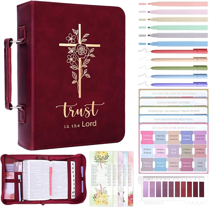 XKDOUS Bible Cover Case for Women, Leather Bible Bags with Study Supplies Journaling Kit, Gold Foiled Carrying Case Large Church Book Holder with Handle, Christian Gifts for Lady