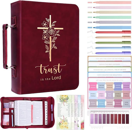 XKDOUS Bible Cover Case for Women, Leather Bible Bags with Study Supplies Journaling Kit, Gold Foiled Carrying Case Large Church Book Holder with Handle, Christian Gifts for Mom Lady Men