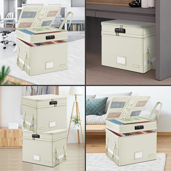 DocSafe File Box with Lock,Multi-Layer Fireproof Document Box Collapsible File Storage Organizer with Pockets/Handle,Large Portable Home Office Filing Box for Hanging Letter/Legal Size Folders,Beige