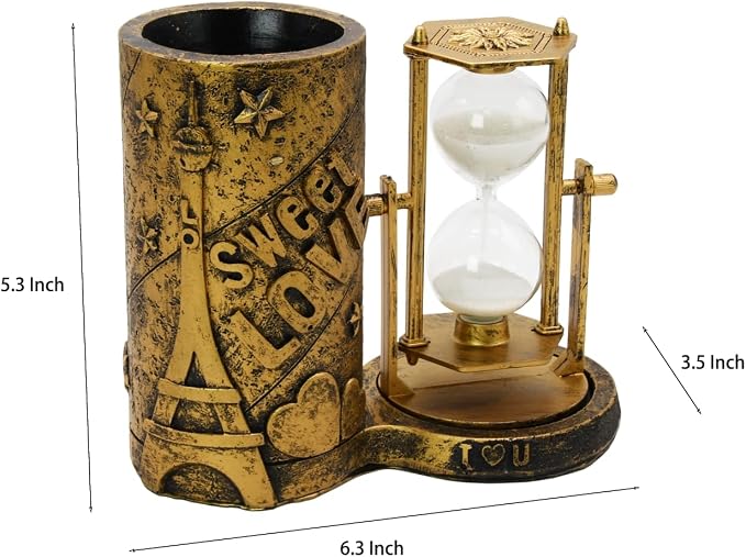 Owlgift Love-Themed Pencil Holder with Hourglass, Resin Desktop Organizer for Office & Study, Pen Holder with Sand Timer, Classic Love Addition Scissors Storage, Artistic Accessory Gift for Lovers