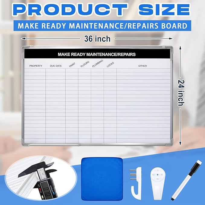 Lincia Property Management Make Ready White Board, Magnetic Maintenance Dry Erase Board with Lines, Sliding Marker Tray, Aluminum Frame Checklist Whiteboard for Apartment Maintenance Repair Tracking