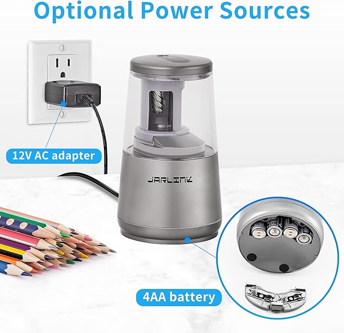 JARLINK Electric Pencil Sharpener, Heavy-Duty Helical Blade to Fast Sharpen, Auto Stop for No.2/Colored Pencils(6-8mm), AC Adapter/Battery Operated in School Classroom/Office/Home (Gray)