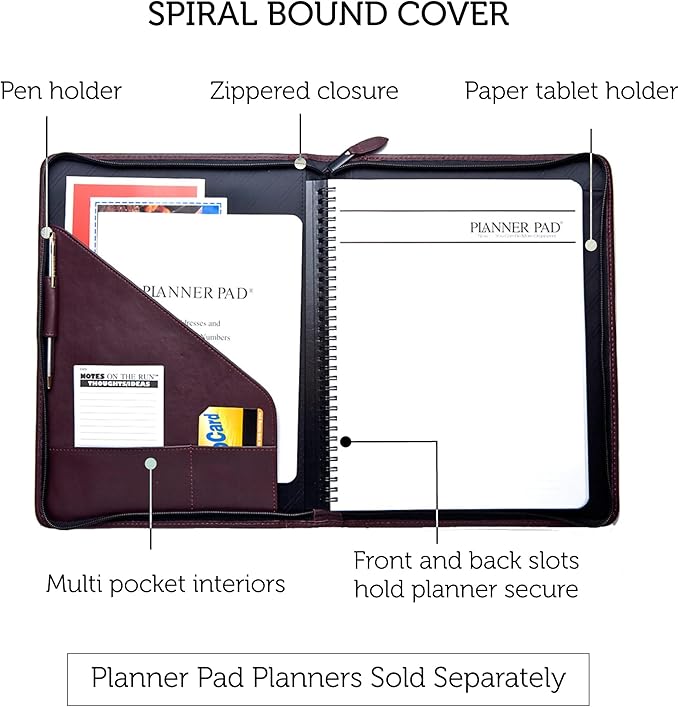 Planner Pad Spiral Bound Executive Size Cover, Fits 8 ½” x 11” Size Planner Pad Planner Only, Cowhide Leather, Burgundy