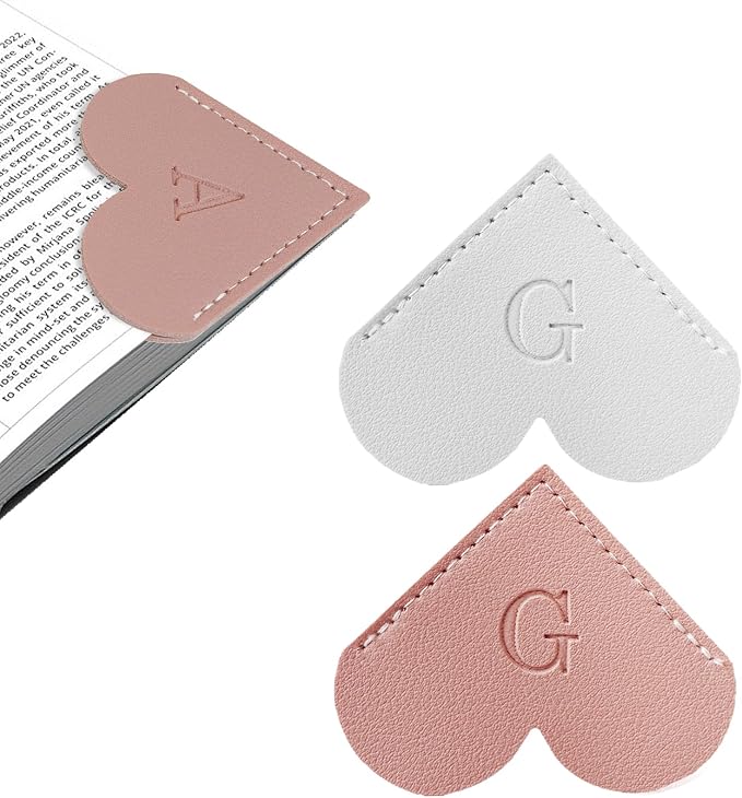 2Pcs Personalized Leather Heart Bookmark with Initial, 26 Letters Custom Corner Page Book Mark for Reading Women, Book Lovers, Teachers, Students, Cute Book Accessories Gifts(White+Pink, G)