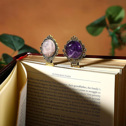 2Pcs Vintage Natural Crystal Stone Bookmark- Fantasy Amethyst Rose Quartz Bookmarks&Amethyst Brass Metal for Reading Women, Men, Book Lovers, Girls and Teachers Book Marks(Rose Quartz&Purple)