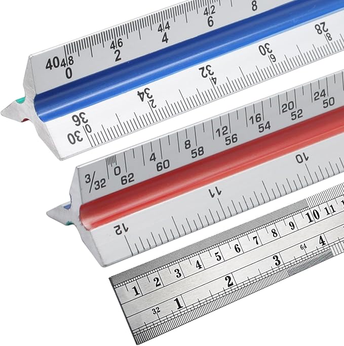 Biaungdo 3 Pack Architectural and Engineer Scale Ruler Set, 12 Inch Aluminum Triangular Drafting Tool, Laser-Etched Architect Scales Ruler for Draftsman, Standard Metal Ruler Included, Color-Coded