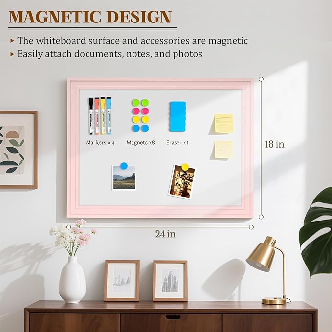 White Board for Wall, 24'' x 18'' Magnetic Dry Erase Board, Decorative Whiteboard with Pink Wooden Frame, Hanging Writing Board for Home Office School Dorm