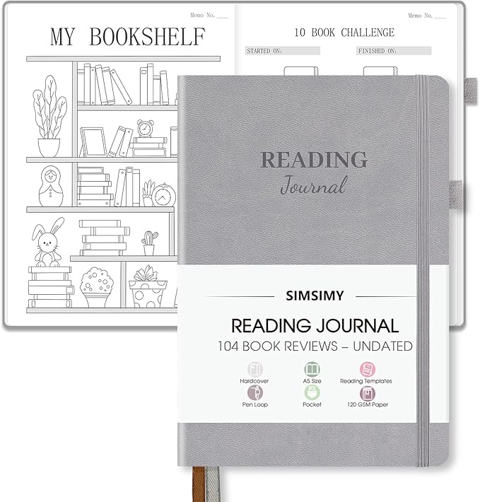 Reading Journal with 104 Book Reviews, Book Journal for Books Lovers & Readers - Review and Track Your Reading Progress, Reading Log Notebook Gift, A5, Gray